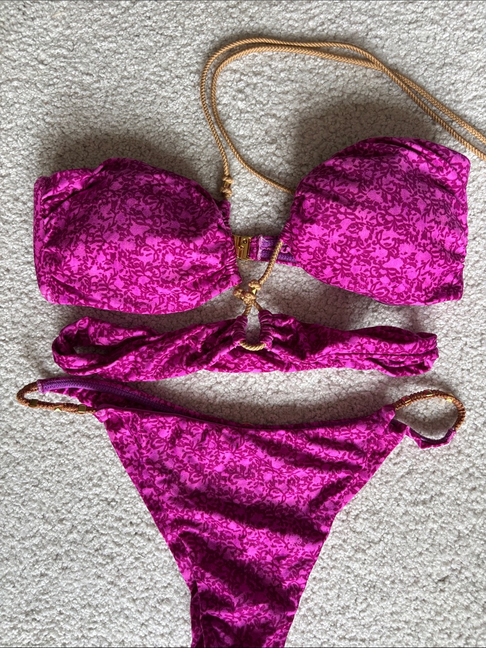 Fuchsia Floral Print Women’s Bikini Set with Gold Rope Accents
